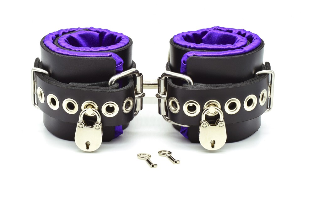 Locking Purple Satin Lined Leather Ankle Bondage Cuffs by Axovus