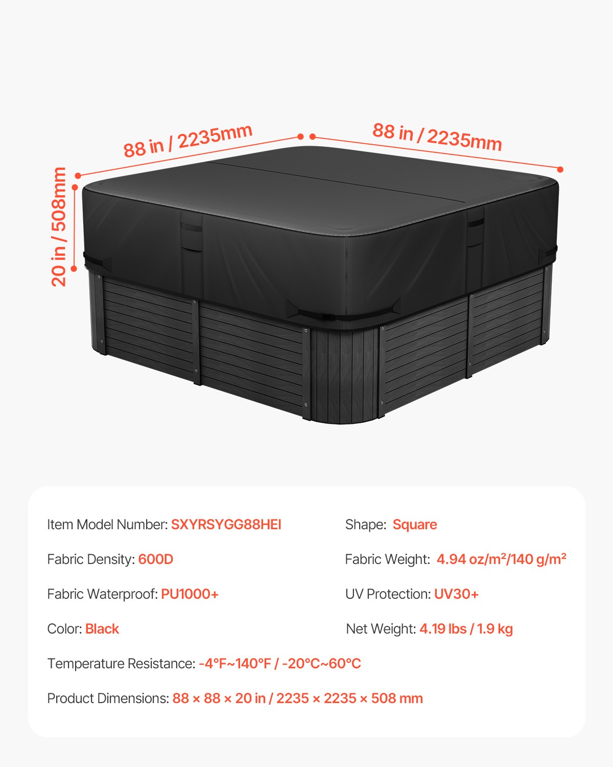 VEVOR Outdoor Hot Tub Cover 88 x 88 x 20 Inch Weatherproof and Waterproof Black