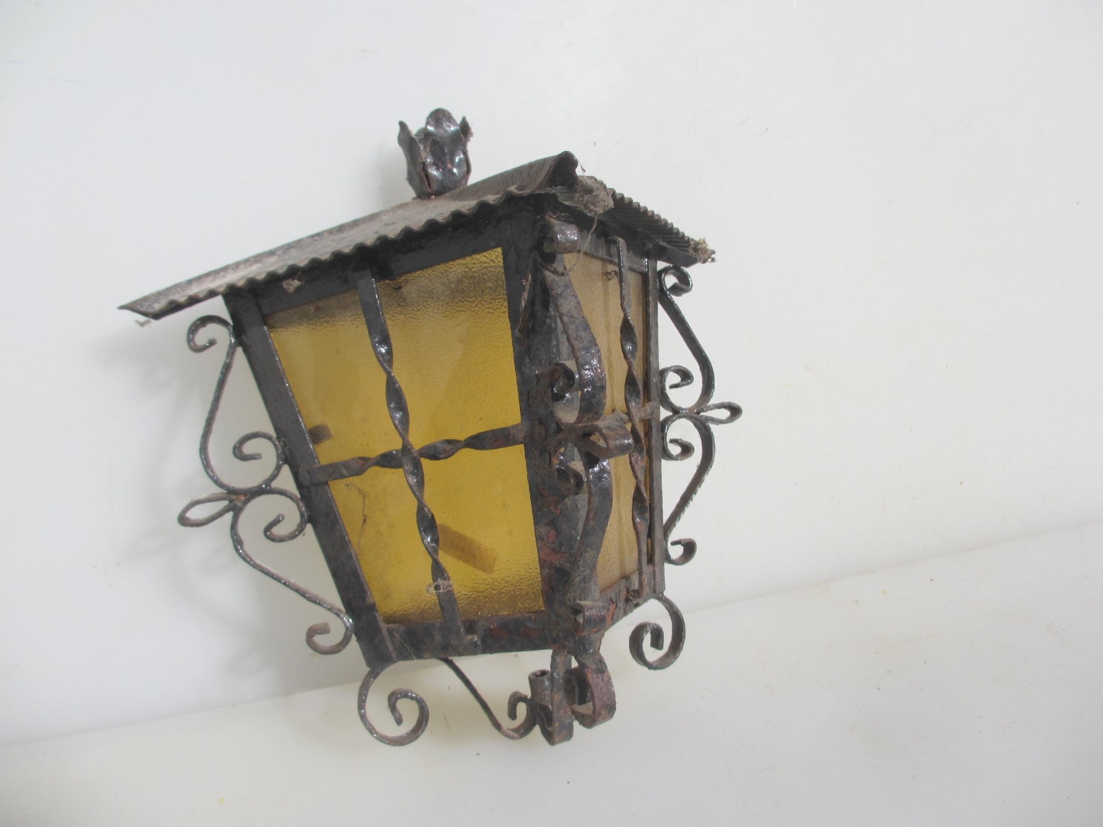 Vintage Wrought Iron Garden Light Shade Yellow Glass Antique Lantern