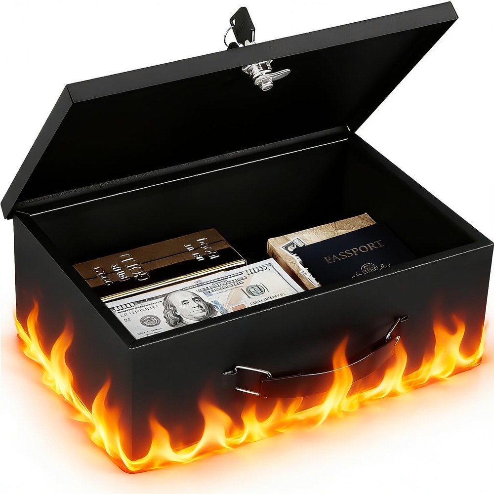 KYODOLED Fireproof Document Box with Key Lock, Small Lock Boxes Medium, Black