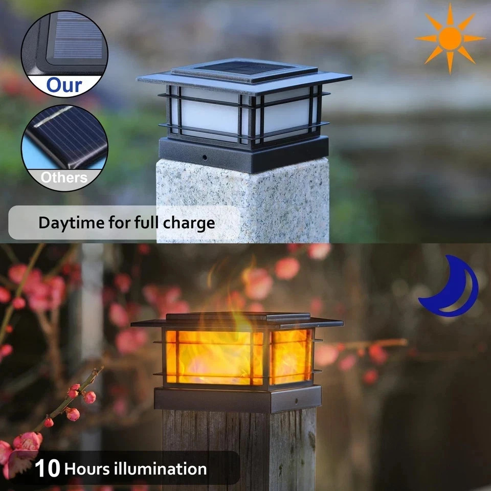 Dynaming 2 Pack Solar Post Cap Lights 2 Flickering Flame Lights, Black