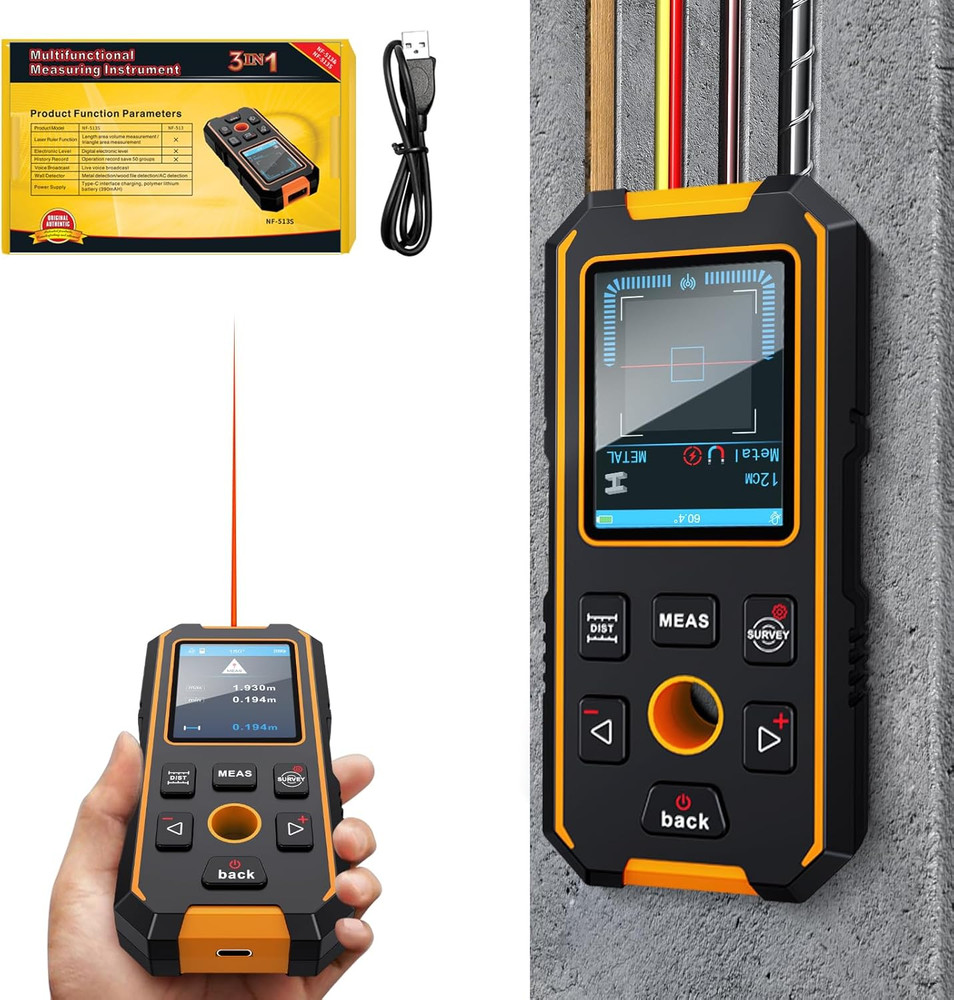 3-in-1 Rechargeable Stud Finder, Laser Meter & Digital Level Tool