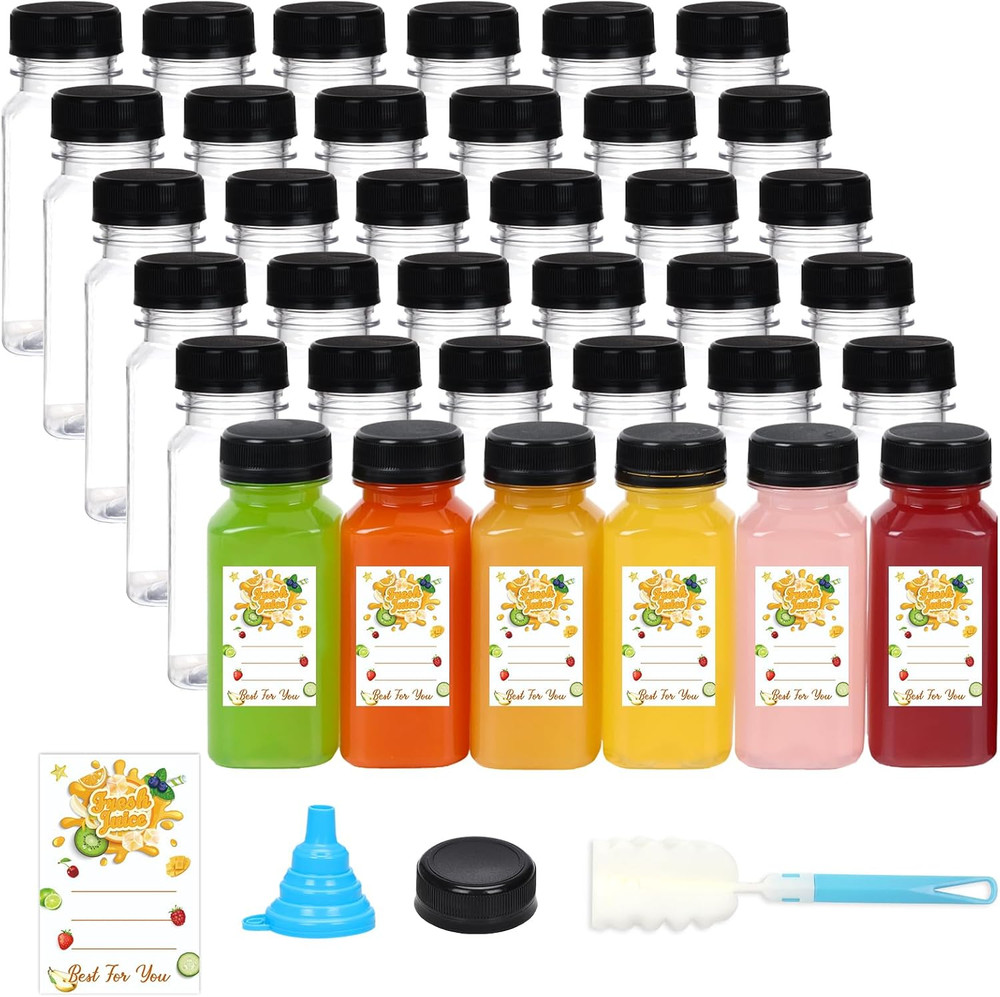 36Pcs 6Oz Empty Plastic Juice Bottles with Caps, Reusable Clear Bulk Beverage Co