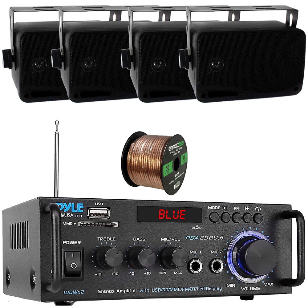 Pyle PDA29BU.6 Bluetooth Compact Amplifier Receiver, 4x 3.5'' 200W Max Speakers