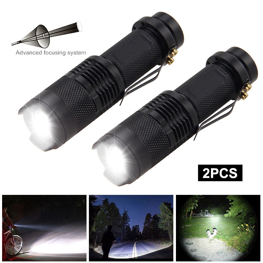 2PCS 1200Lm Mini LED Super Bright Zoom Flashlight Powerful Camping Lamp Torch
