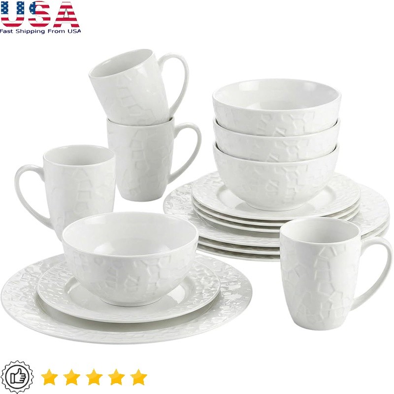 16 Piece Bone China Dinnerware Set Elegant Embossed Design Dining Table New