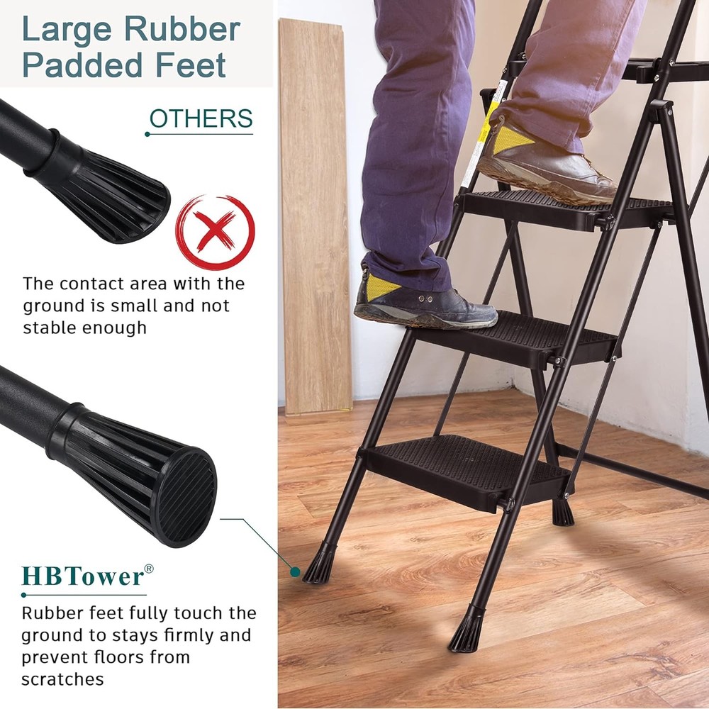 Three-step ladder with tool tray, folding footstool, 500 lbs, black.