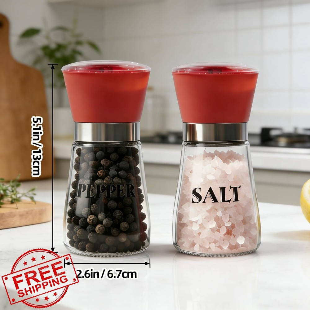 Red Salt Pepper Grinder Set 2 Adjustable Coarseness Kitchen Mill
