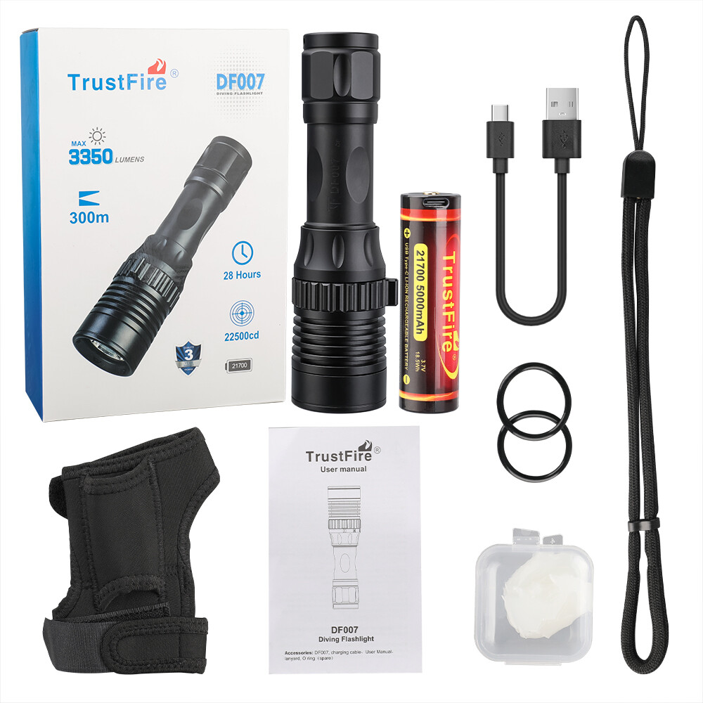 Trustfire DF007 LED Scuba Diving Flashlight 3350 Lumen 100M Dive Light 3 Modes