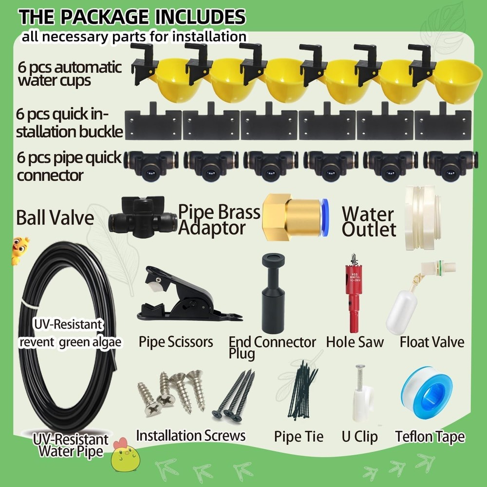 Complete Set Pipeline Automatic Chicken Waterer System, 18ft Pipeline and Float