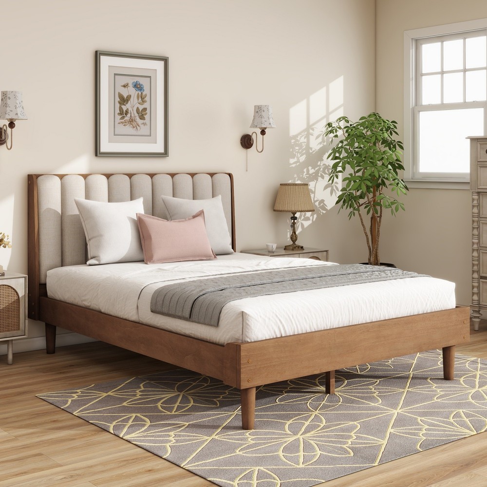 Queen/King Size Solid Wood Platform Bed Frame w/ Upholstered Headboard Wheat