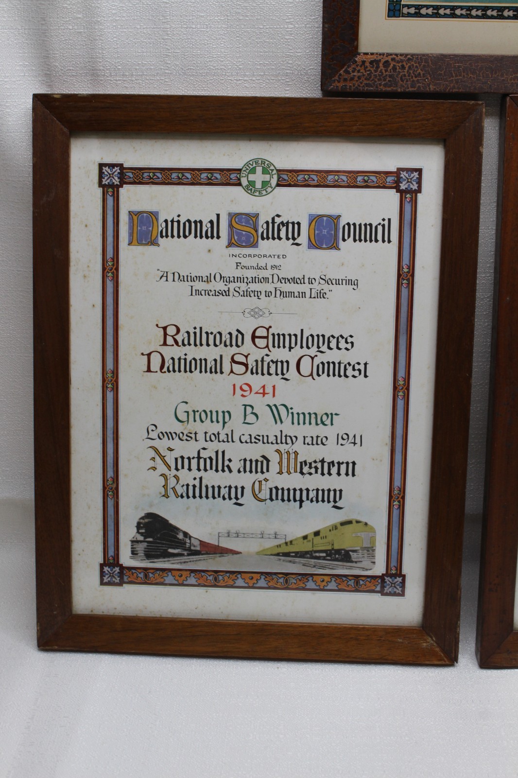3 NORFOLK AND WESTERN RAILWAY SAFETY AWARD FRAMED CERTIFICATES N&W RAILROAD RY