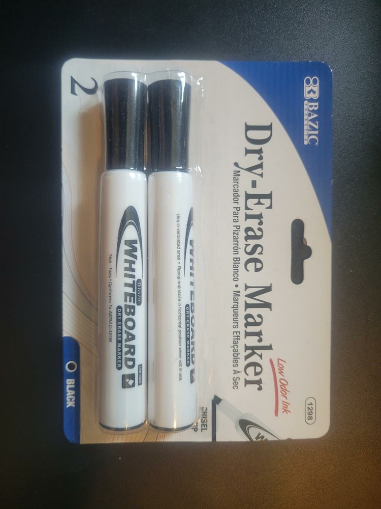 2 pack Dry Erase Markers Chisel Tip Black Low Odor Non-toxic Ink