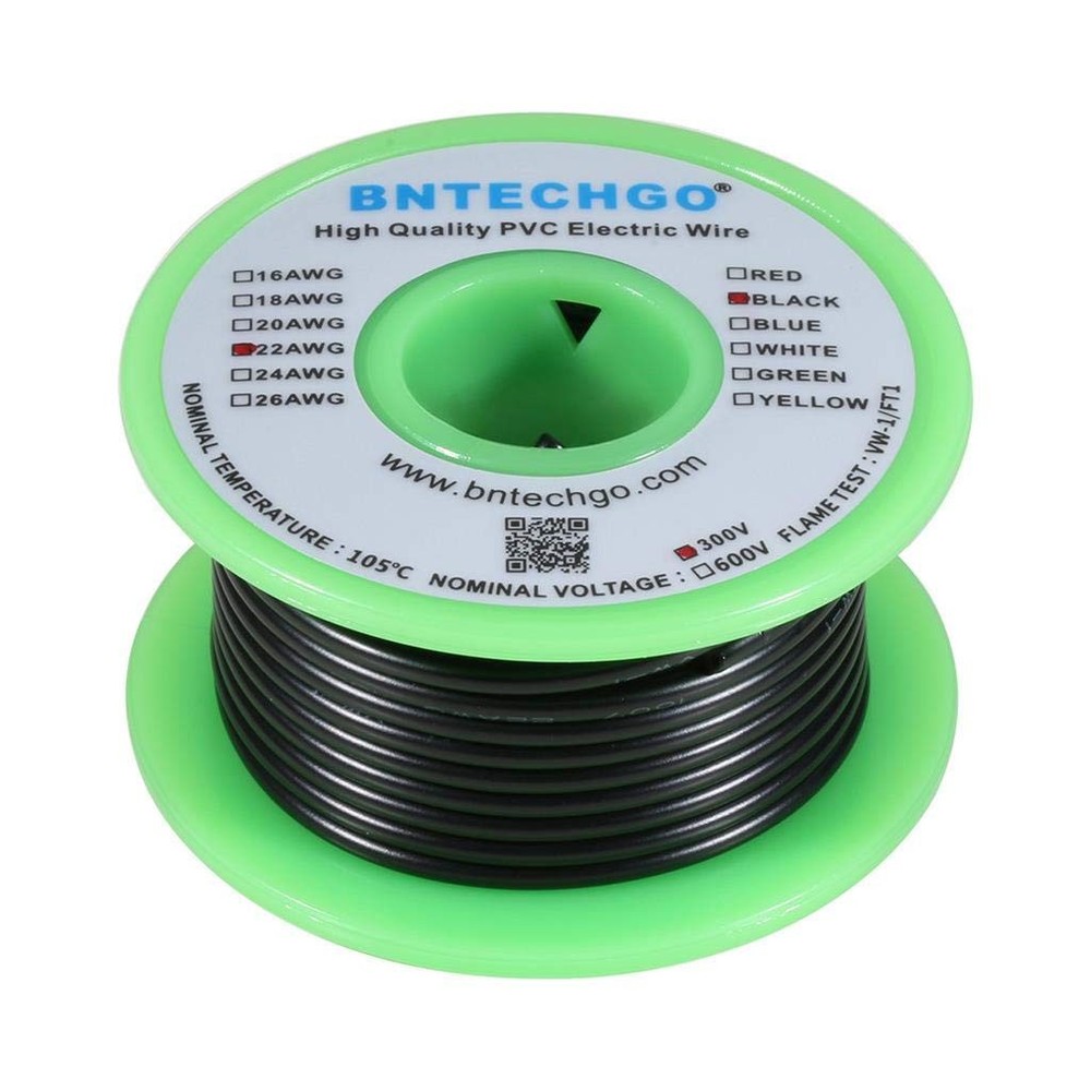 BNTECHGO 22 Gauge 22 AWG PVC Solid Wire 25ft, 22 black