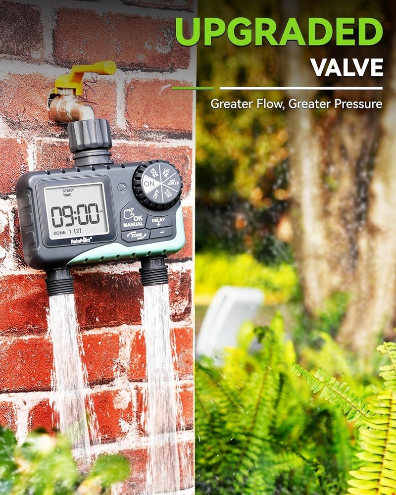 Easy Setup 2-Zone Sprinkler Timer for Yard Lawn - Rain Delay