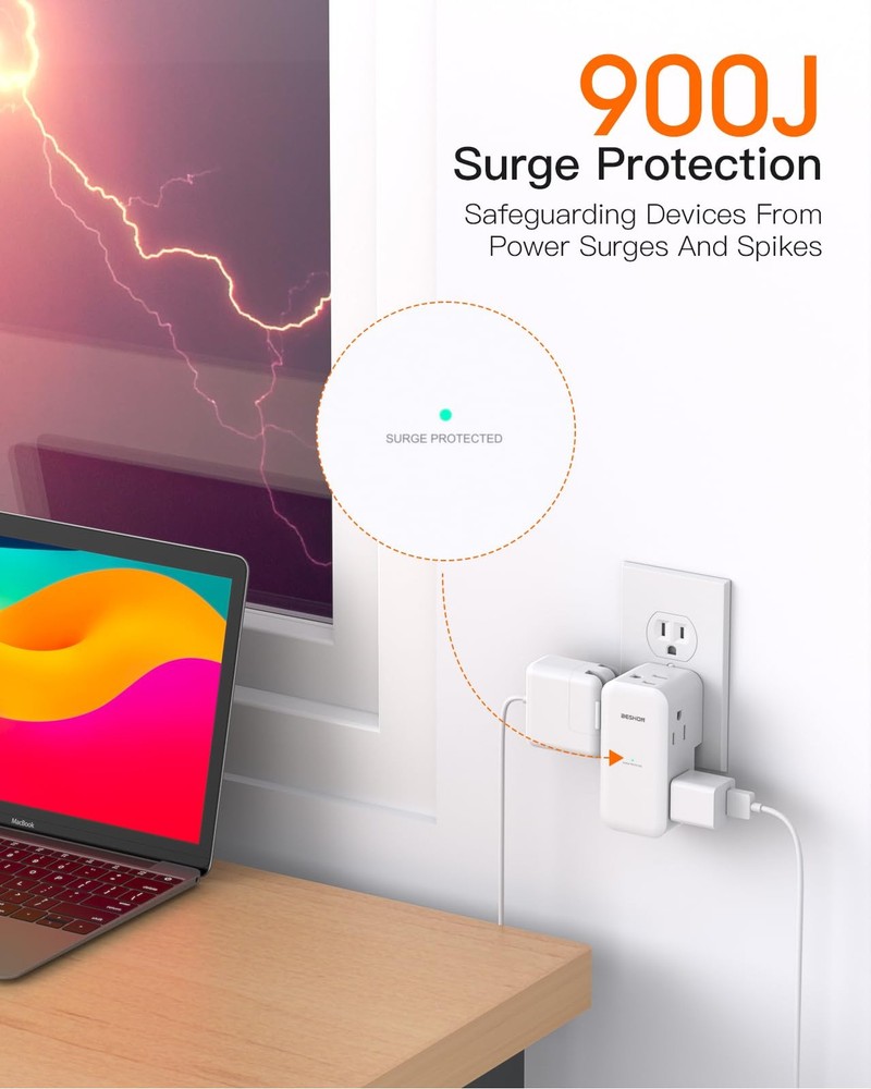 Surge Protector Outlet Extender- with Rotating Plug,6 AC Multi Plug White