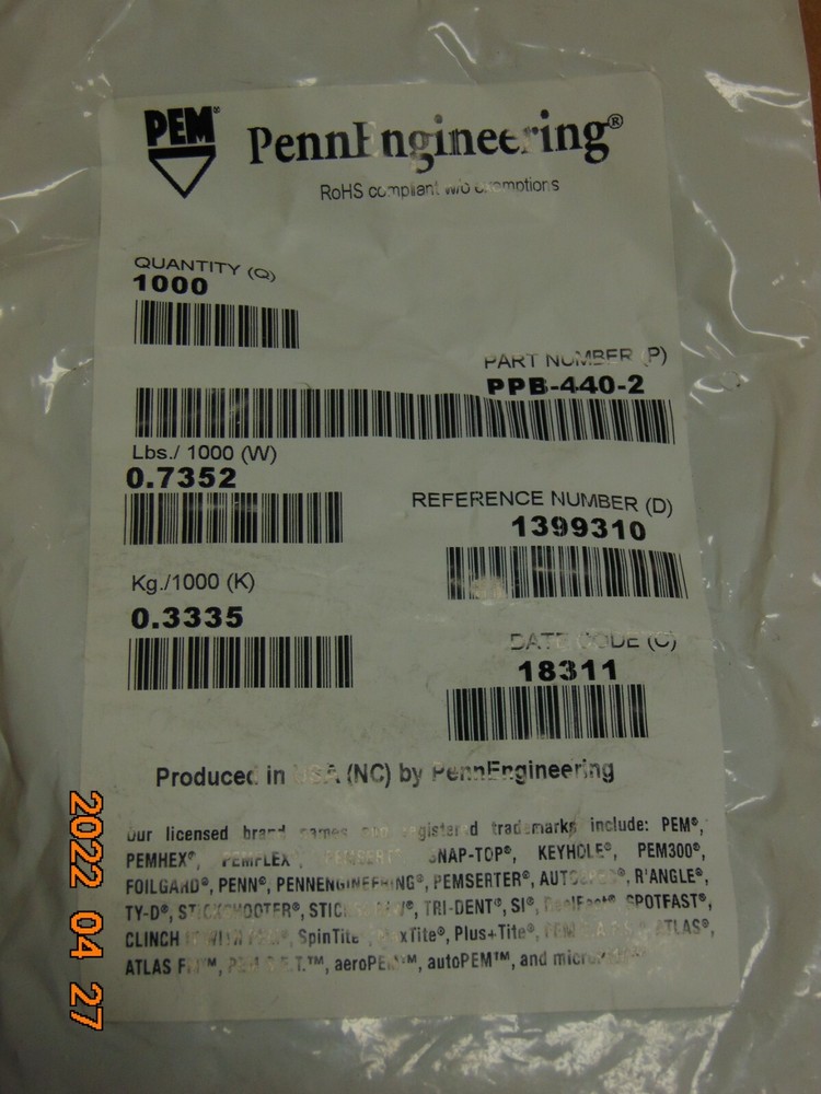 (1000) Pem Press-in Threaded Inserts # PPB-440-2 BRASS