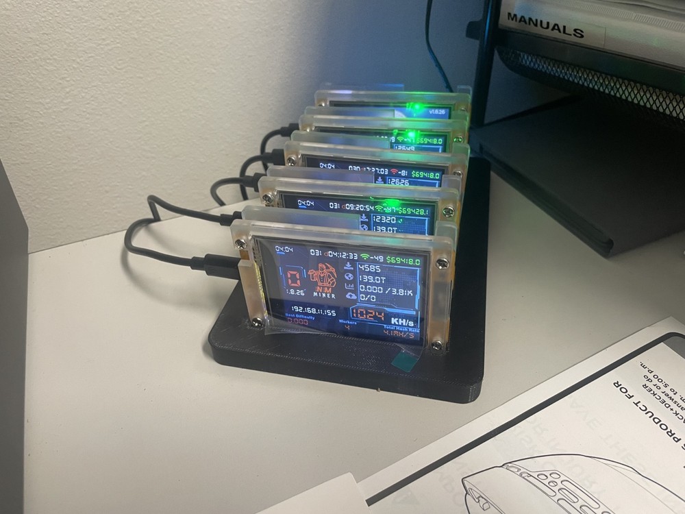 NerdMiner V2 ASIC Mining Rig with LED Indicators and Display Screens