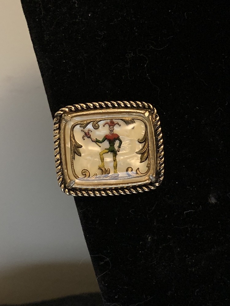 Vintage Rare Tie Clip MOP Clown Rectangle Gold Tone