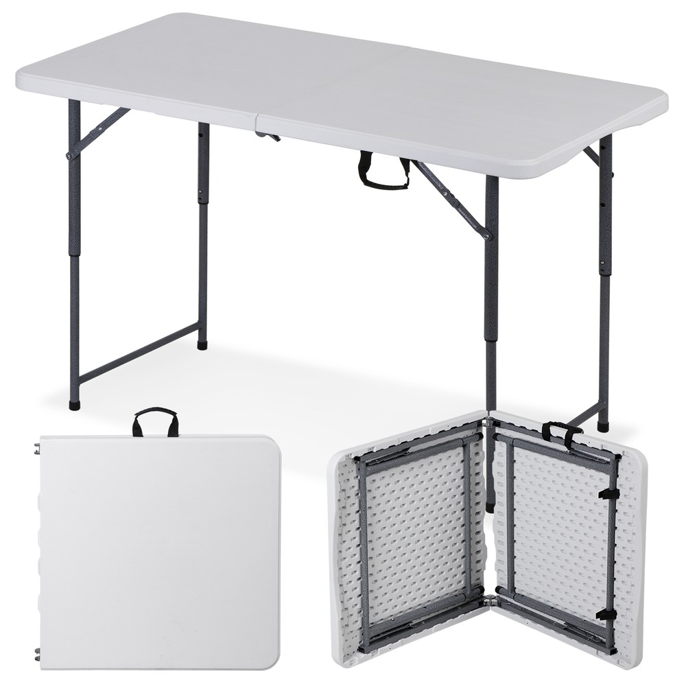 Folding Table Adjustable 4FT Plastic Table Picnic Camping w/Carry Handle White