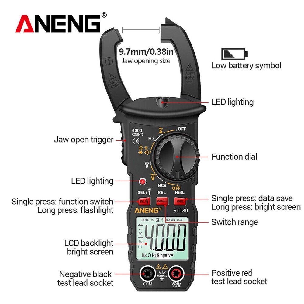 Digital Multimeter Tester AC DC Voltage RMS Amps Clamp Meter Auto Range Handheld
