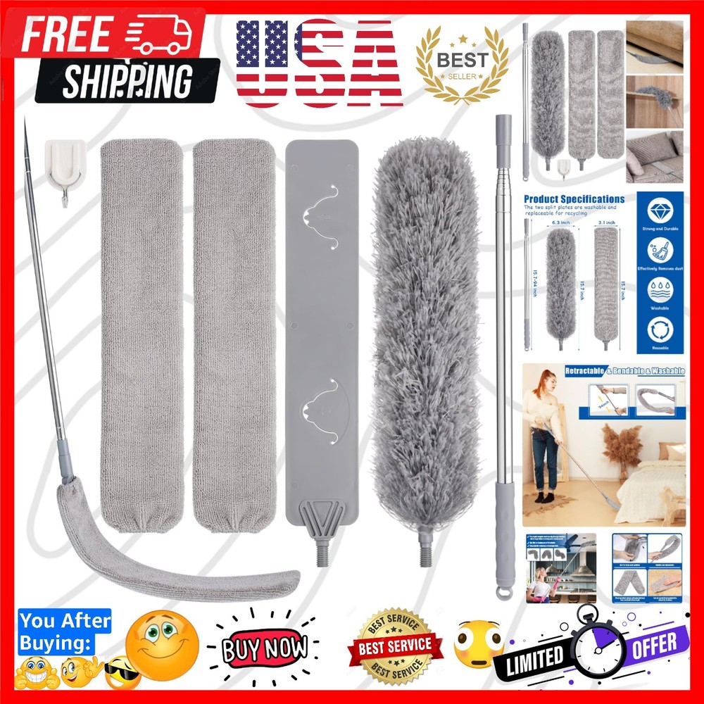 Feather Duster Set 4 Pieces, 30-100 inch Microfiber Retractable Gap Duster fo...