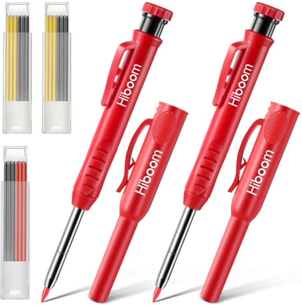 2 Pack Solid Carpenter Pencils with Pencil Cap and 18 Refills, Long Nose Deep Ho