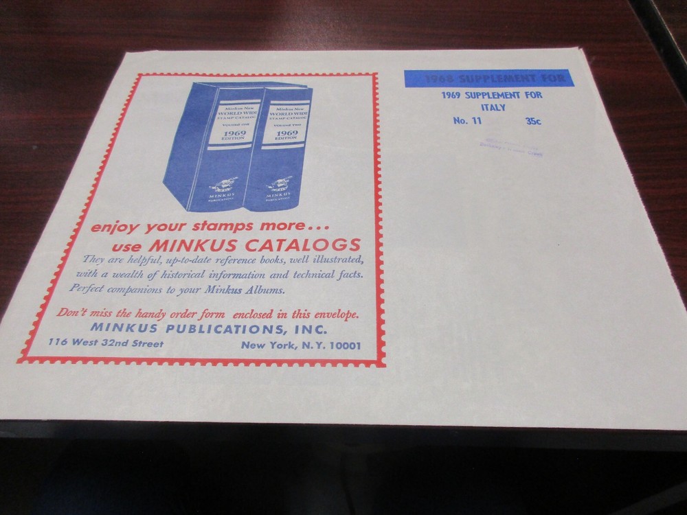 "MINKUS" STAMP ALBUM  1969  SUPPLEMENT  ITALY  FREE SHP.