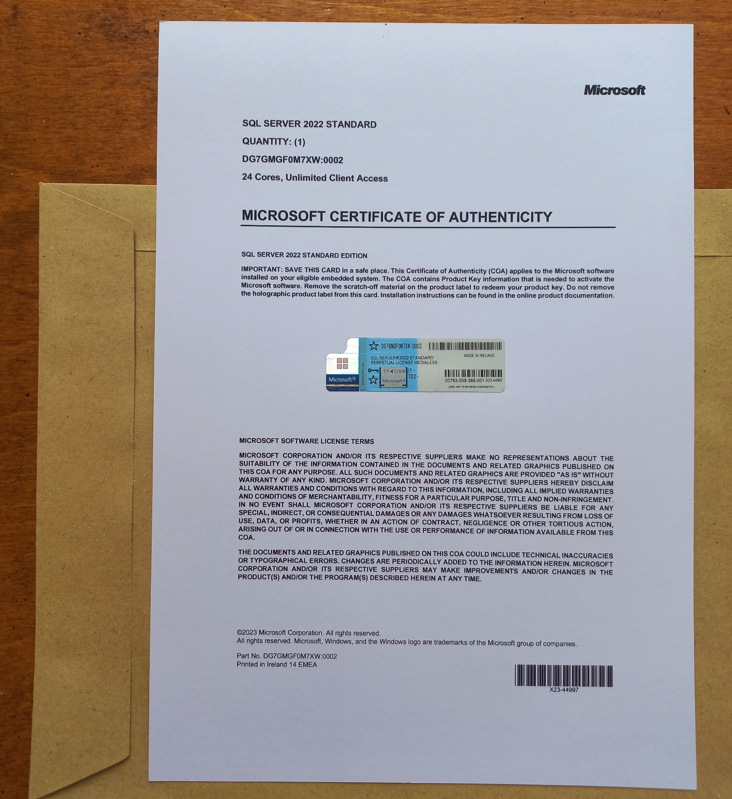 SQL Server 2022 Standard Microsoft 24 Core unlimited User CAL CoA DG7GMGF0M7XW