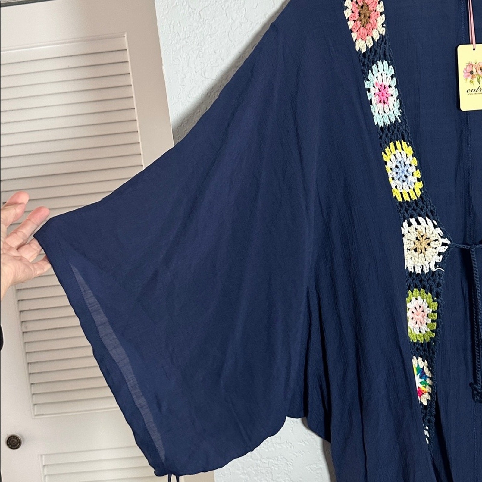 NWT Entro Crochet Granny Square Open Kimono Navy Blue 1X Swim Coverup Resortwear