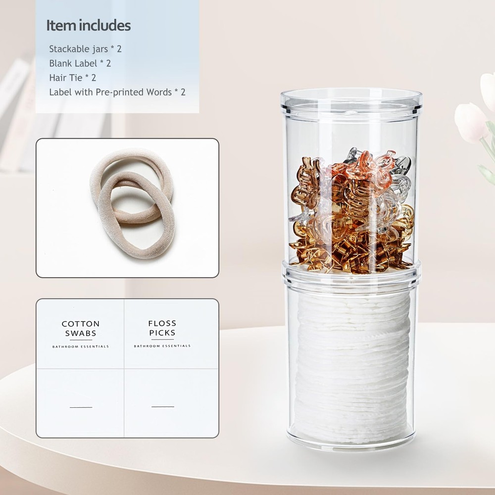 SheeChung 2-Pack Stackable Clear Qtip Holder - 10oz Crystal Apothecary Jars w...
