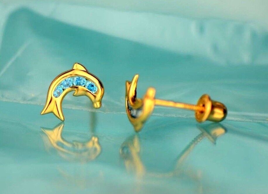 14k Yellow Gold CZ Dolphin Stud Earring