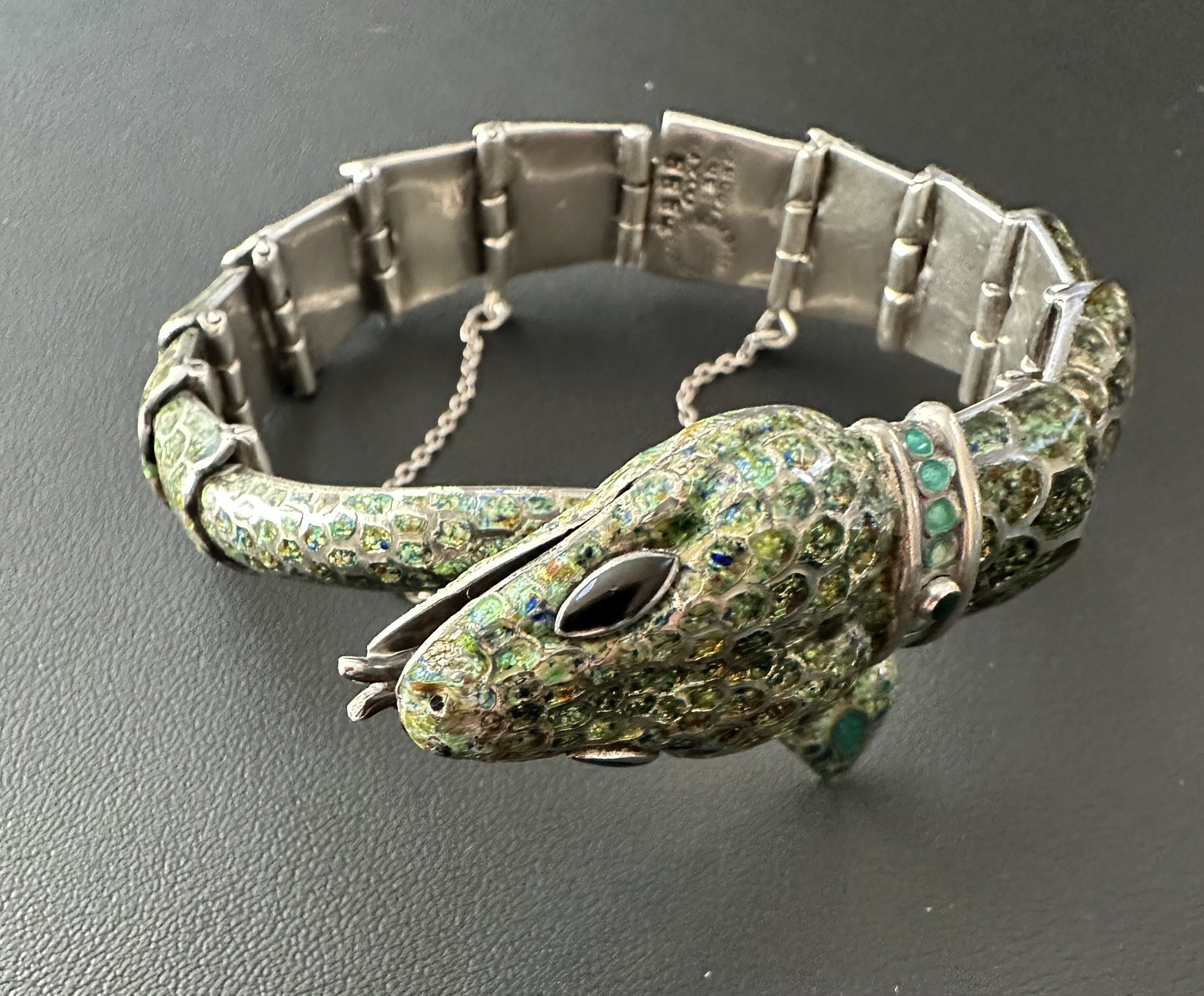 Margot de Taxco Enameled Sterling Silver Serpent Bracelet  Mid-Century Modern