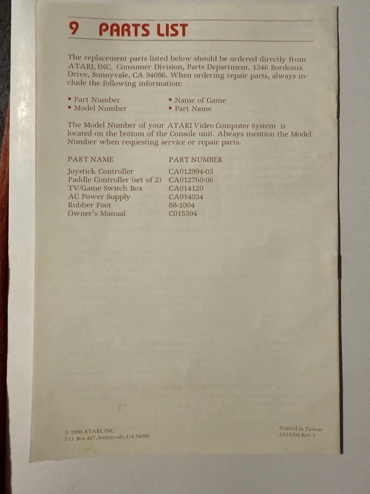 Atari Owner's Manual Model CX2600A Video Computer System Instruction Book