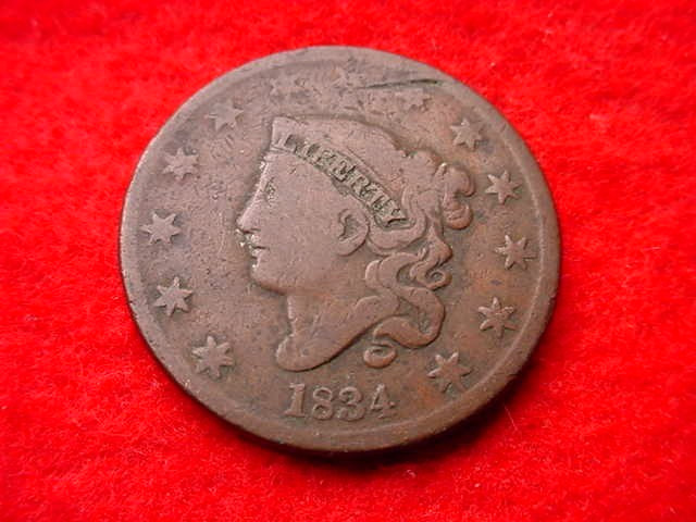 1834 CORONET HEAD LARGE CENT NICE  COPPER CENT!   #T-174