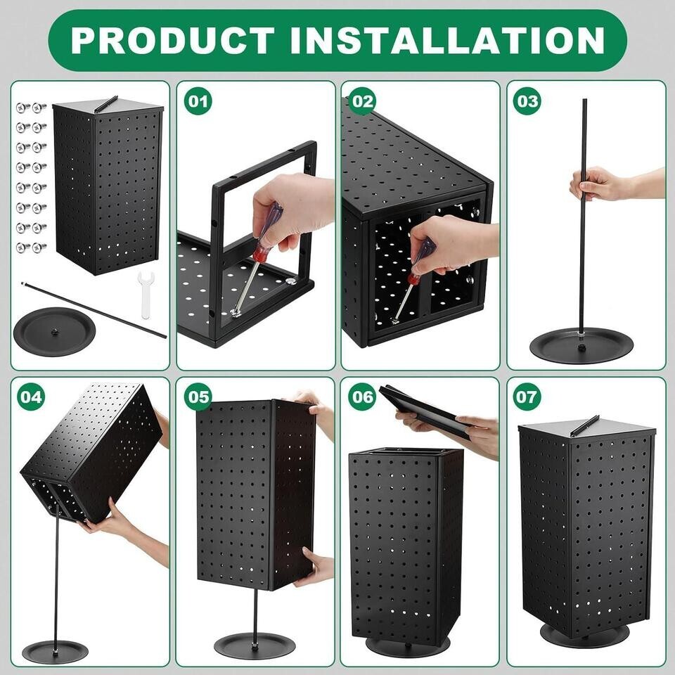 Pegboard Metal Rotating Display Stand With 20 Hooks 4 Sided Spinning Peg Board