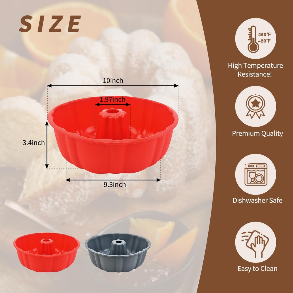 PADELE 2 Pack Silicone Cake Pan Nonstick,10 Inch, large, Red+Grey