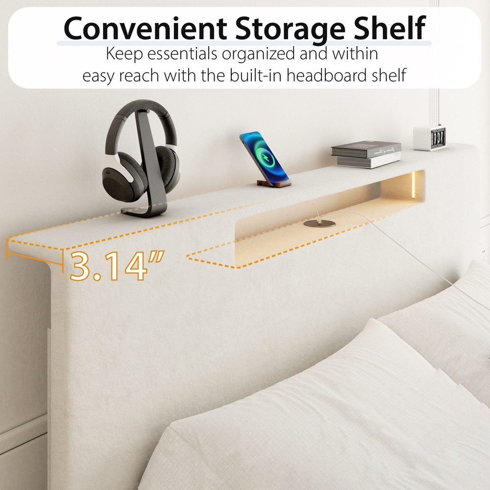 Upholstered Platform Bed Large Size Frame With LED Light And Charging Function