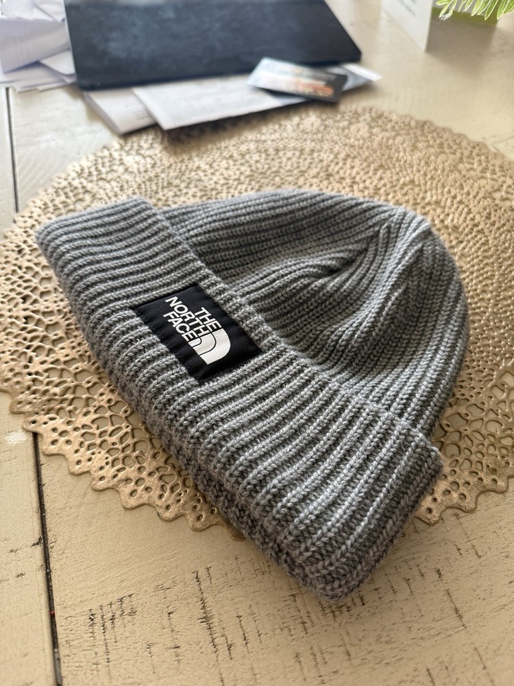 Grey Northface Logo Beanie Hat