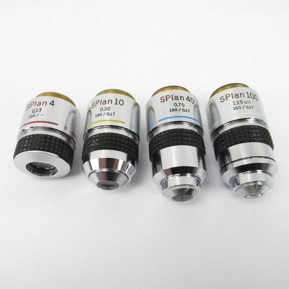 OLYMPUS SPLAN 4, 10, 40 & 100 MICROSCOPE OBJECTIVE SET - 4X, 10X, 40X & 100X