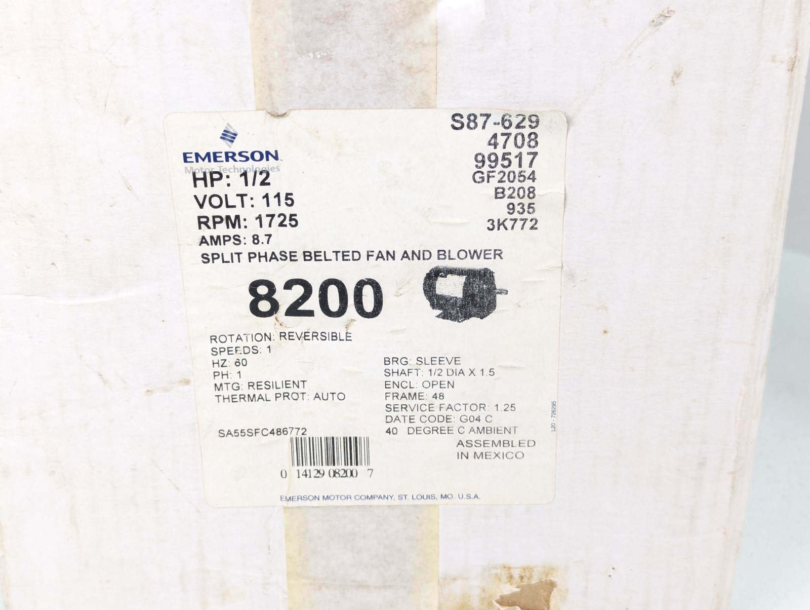 Emerson 8200 Belt Drive Motor 60HZ, 1/2HP, 1725RPM, 8.7AMP, Reversable, Open Box