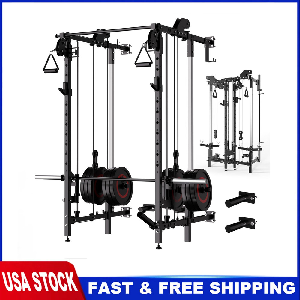 Wall Mount Smith Machine Folding Power Rack w/Pulley System Squat Rack Power Cag