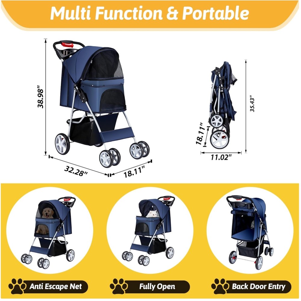 Foldable Pet Stroller with Cup Holder & Storage