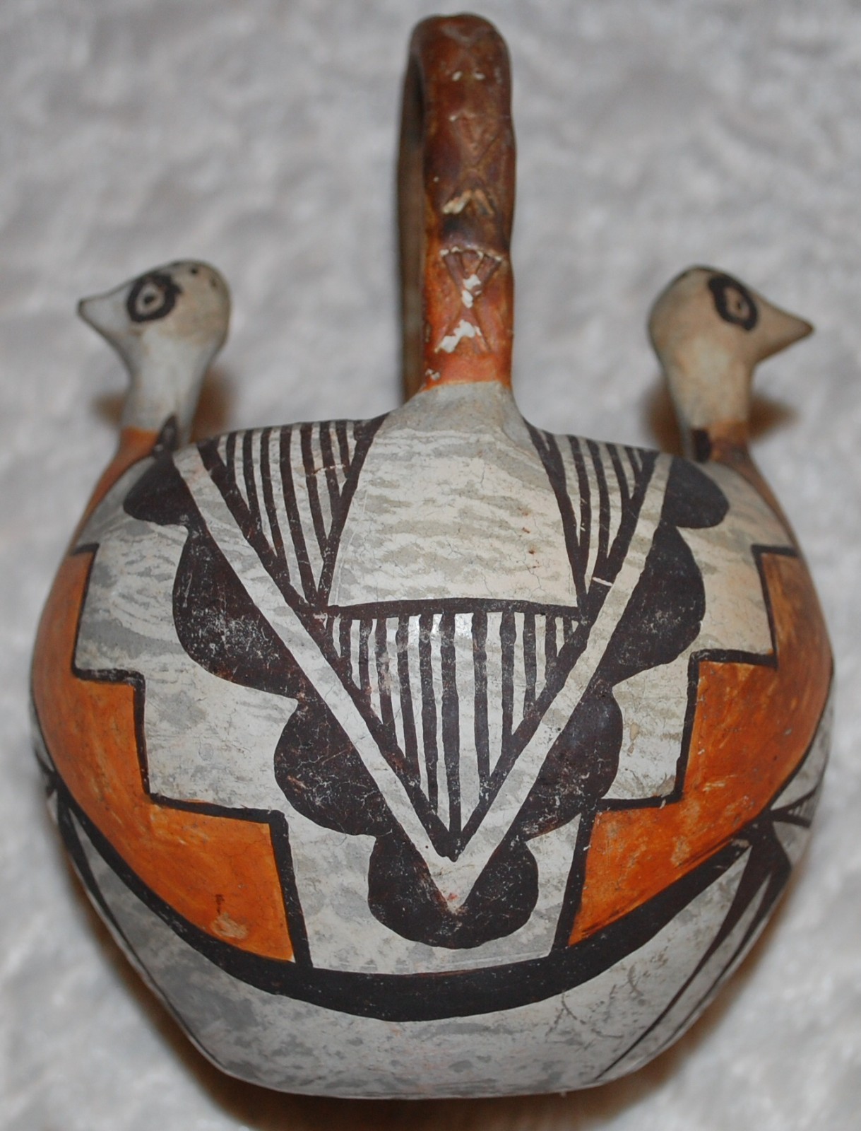 Early Isleta Double-Headed Pottery Bowl w/eight X engraved handle-1910-1920's