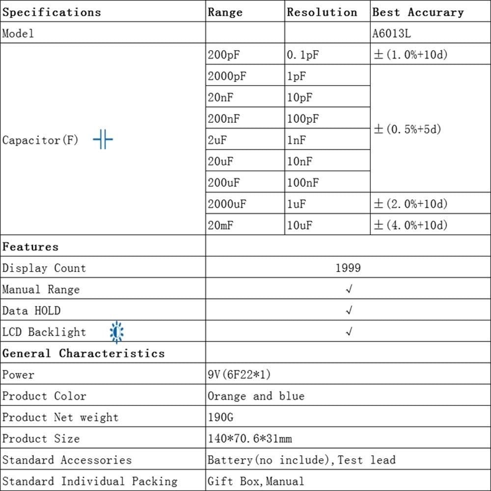 Portable LCD Capacitance Meter - Measures 200pF to 20mF with Data Hold Feature