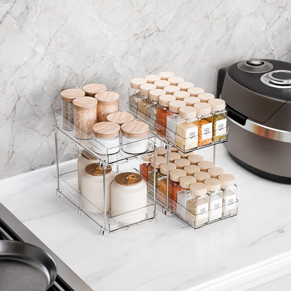2 Pack 2 Tier Vertical Spice Rack Pull Out,10.4'' Deep Narrow Slide Out Spice