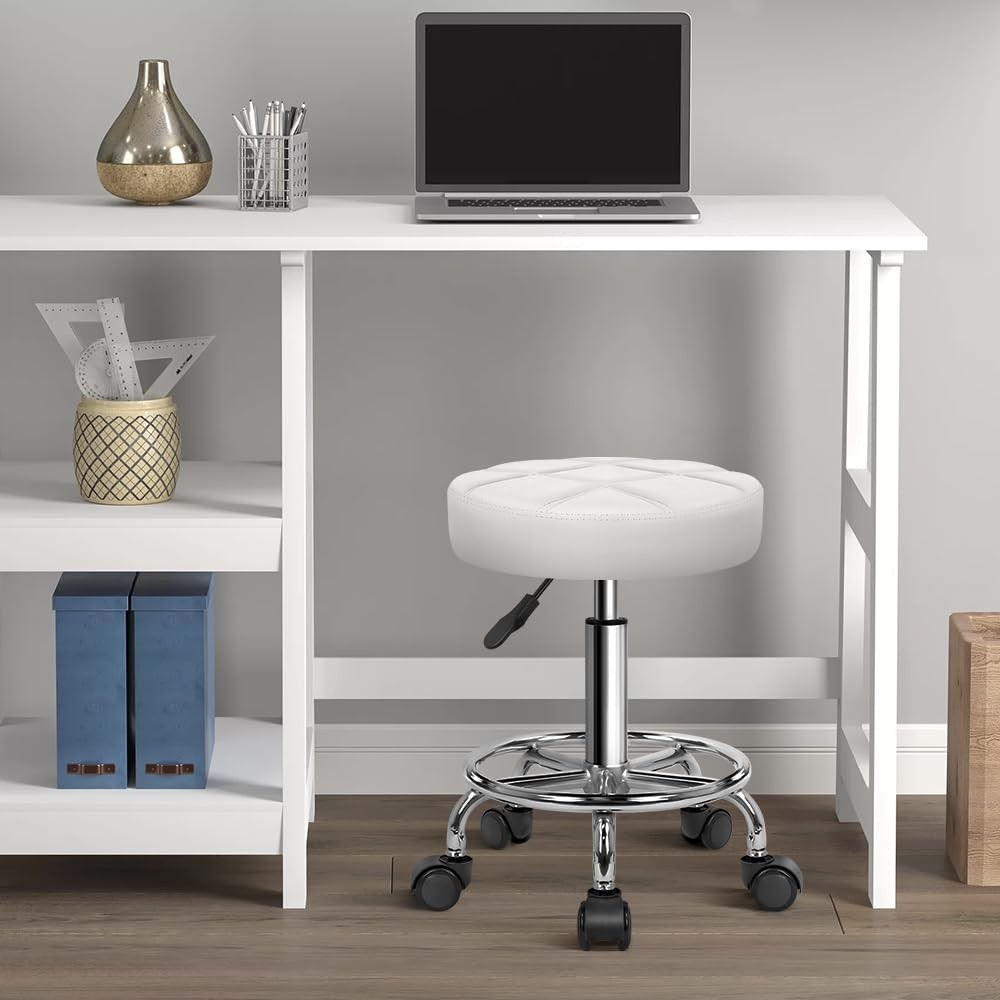 Round Rolling Stool Chair PU Leather Height Adjustable Swivel Drafting Work S...