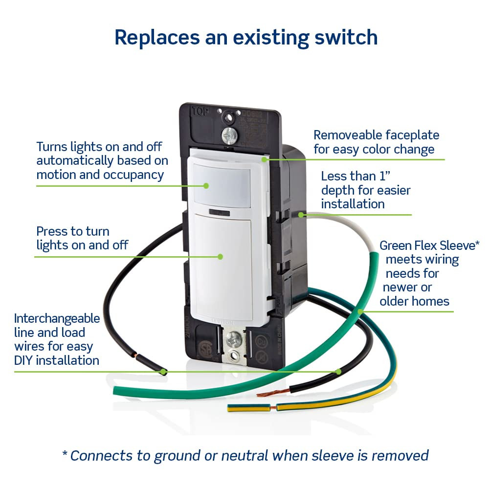 DOS02-LW Motion Sensor Light Switch, Motion Activated, Auto-On/Auto-Off, 2A, No