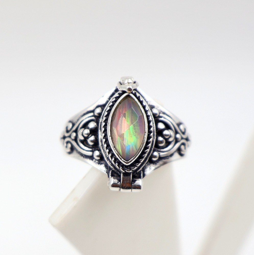 Aurora Opal Stone Poison Ring, 925 Silver Platted, Compartment Pill Box Ring