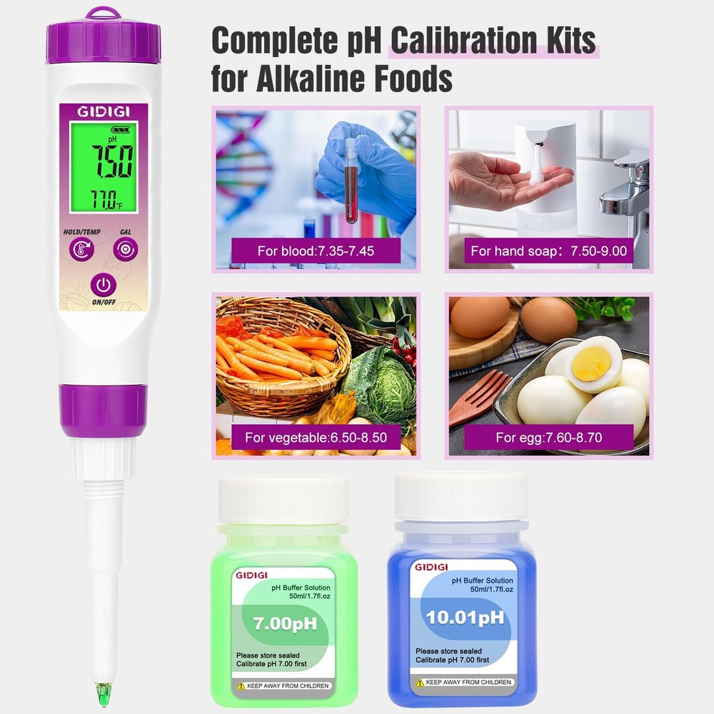 pH Meter Food Digital Electronic pH Tester for Fermentation 3*50ml pH Buffer ...